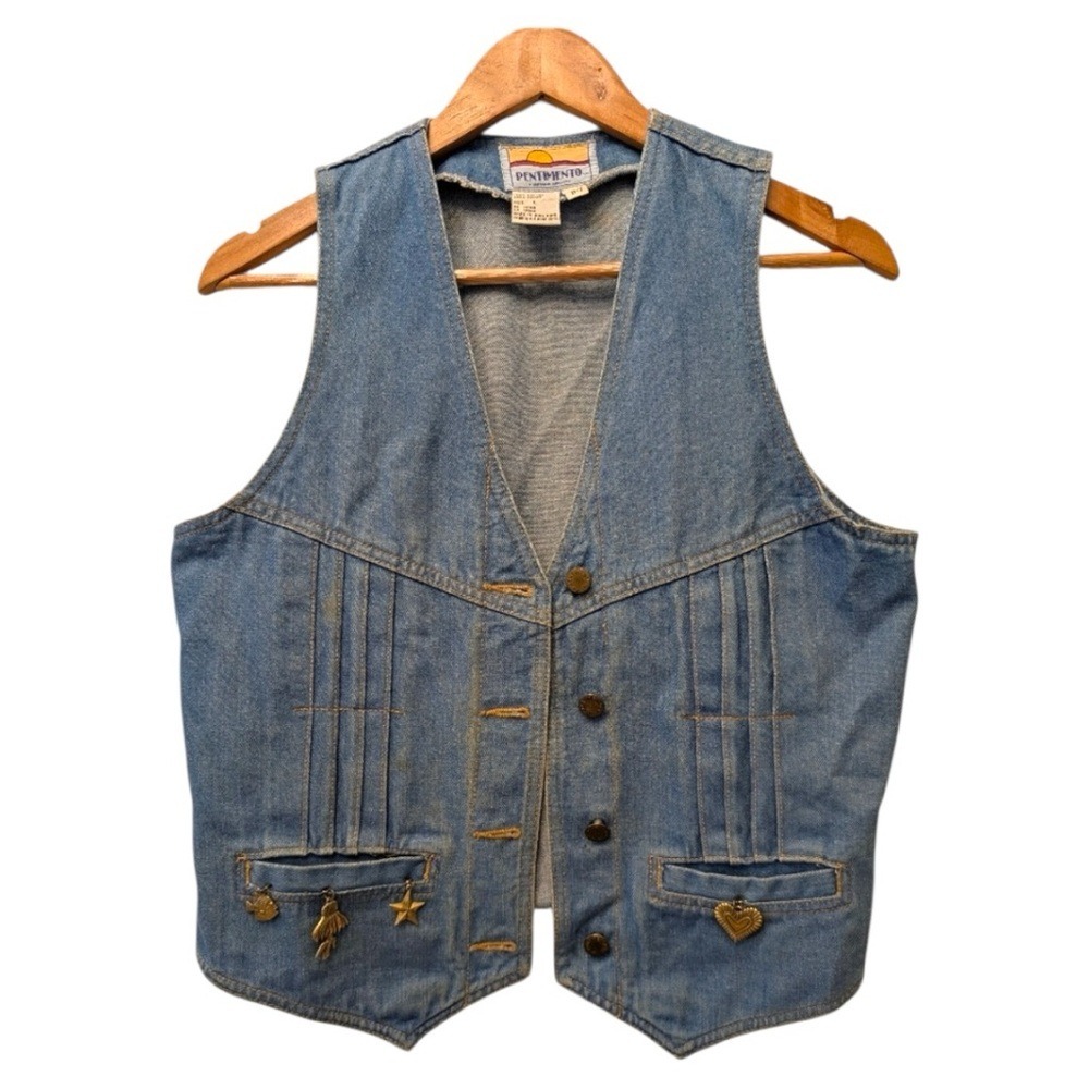 Vintage Pentimento Denim Vest Medium Wash Cinch Back Charms Womens Large B-7 - Picture 2 of 11